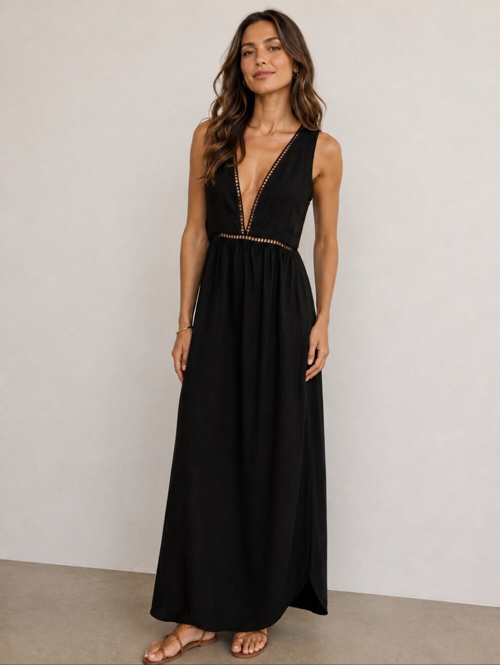 NWT Tobi Lace Low Cut V Neck Black Maxi Dress Size XS